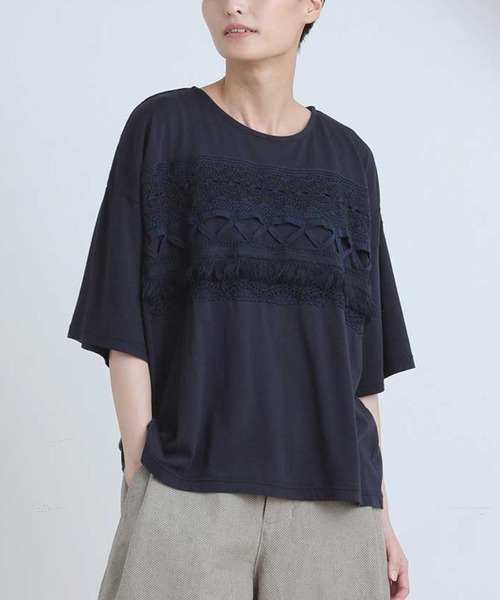 Plantation(プランテーション)の「トーションレースドッキング/Tシャツ(Tシャツ/カットソー・レディース・ホワイト/ネイビー/マスタード・M size)」の3枚目の写真