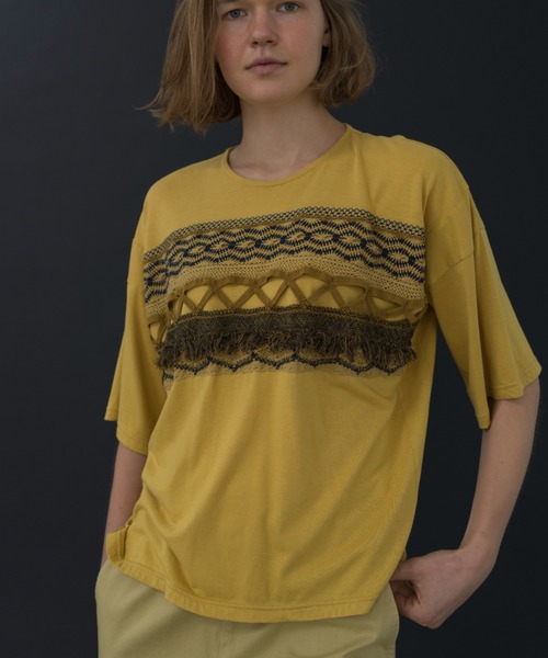 Plantation(プランテーション)の「トーションレースドッキング/Tシャツ(Tシャツ/カットソー・レディース・ホワイト/ネイビー/マスタード・M size)」の1枚目の写真