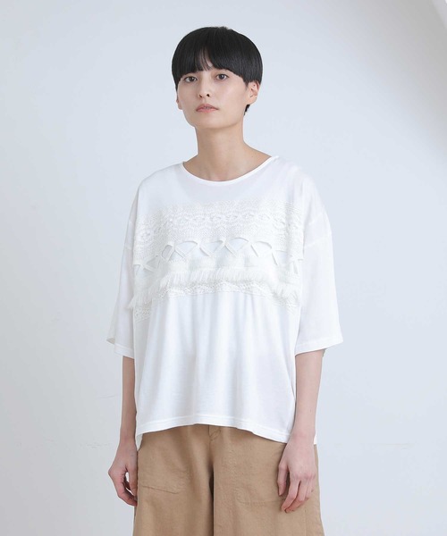 Plantation(プランテーション)の「トーションレースドッキング/Tシャツ(Tシャツ/カットソー・レディース・ホワイト/ネイビー/マスタード・M size)」の16枚目の写真