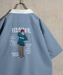 【a-r】〔Red Cap Girl/レッドキャップガール〕バックイラスト＆刺繍 ナチュラルストレッチ ルーズサイズ オープンカラー半袖シャツ
