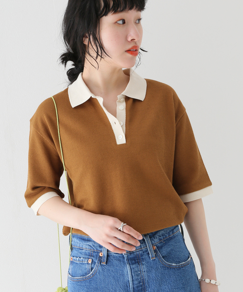JOURNAL STANDARD relume(ジャーナルスタンダード レリューム)の「鹿の子ポロネックプルオーバー(ポロシャツ・レディース・ホワイト/グリーン/ブラウン・FREE)」の3枚目の写真
