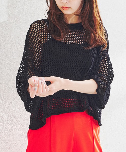 acro（アクロ）の「ショート丈メッシュ編みサマーニット/AC1376（ニット/セーター・レディース・ブラック/ベージュ/イエロー/グリーン・ﾌﾘ-）」の5枚目の写真