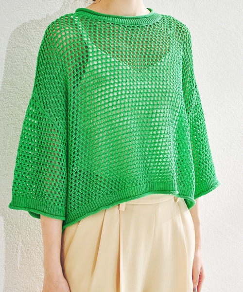 acro（アクロ）の「ショート丈メッシュ編みサマーニット/AC1376（ニット/セーター・レディース・ブラック/ベージュ/イエロー/グリーン・ﾌﾘ-）」の6枚目の写真