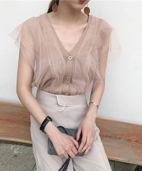 Jasmine Grandiflorum(ジャスミングランディフローラム)の「【Jasmine】チュールドッキングVネックニットトップス (SS)(シャツ/ブラウス・レディース・ピンク/オフホワイト/ホワイト/ブラック/ベージュ・FREE)」の4枚目の写真