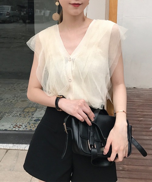 Jasmine Grandiflorum(ジャスミングランディフローラム)の「【Jasmine】チュールドッキングVネックニットトップス (SS)(シャツ/ブラウス・レディース・ピンク/オフホワイト/ホワイト/ブラック/ベージュ・FREE)」の2枚目の写真