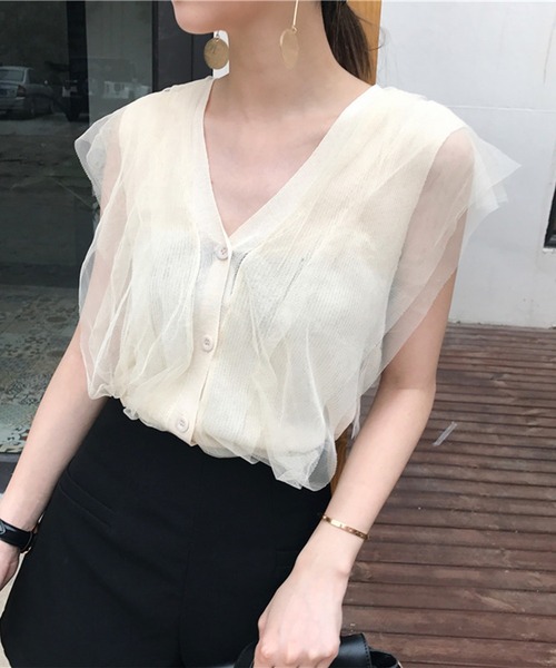 Jasmine Grandiflorum(ジャスミングランディフローラム)の「【Jasmine】チュールドッキングVネックニットトップス (SS)(シャツ/ブラウス・レディース・ピンク/オフホワイト/ホワイト/ブラック/ベージュ・FREE)」の16枚目の写真