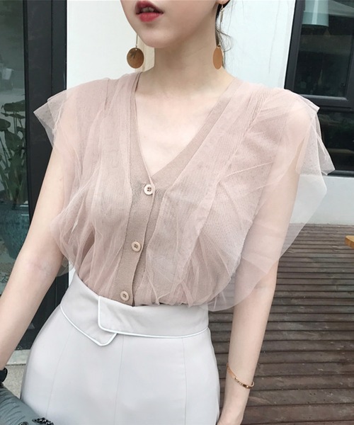 Jasmine Grandiflorum(ジャスミングランディフローラム)の「【Jasmine】チュールドッキングVネックニットトップス (SS)(シャツ/ブラウス・レディース・ピンク/オフホワイト/ホワイト/ブラック/ベージュ・FREE)」の22枚目の写真