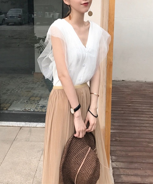 Jasmine Grandiflorum(ジャスミングランディフローラム)の「【Jasmine】チュールドッキングVネックニットトップス (SS)(シャツ/ブラウス・レディース・ピンク/オフホワイト/ホワイト/ブラック/ベージュ・FREE)」の13枚目の写真