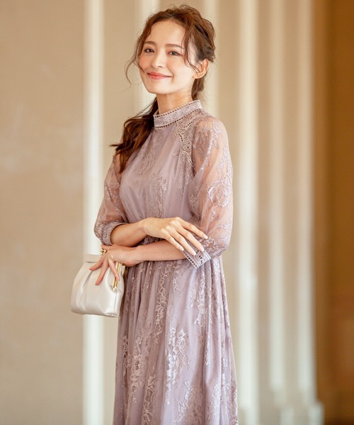 Kana(カナ)の「フラワーレース スタンドカラー ワンピース パーティー ドレス 結婚式 お呼ばれ オケージョン(ドレス・レディース・モカ/ラベンダー/グリーン系その他/ブルー系その他/ダークカーキ/ベージュ系その他/チャコールグレー・M/L/LL)」の9枚目の写真