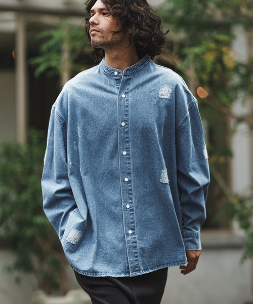 CAMBIO(カンビオ)の「ms5058-Band collar Damag Denim Shirts シャツ(シャツ/ブラウス・メンズ・ブラック/ライトインディゴブルー/ダークインディゴブルー・M/S/L)」の3枚目の写真