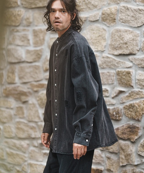 CAMBIO(カンビオ)の「ms5058-Band collar Damag Denim Shirts シャツ(シャツ/ブラウス・メンズ・ブラック/ライトインディゴブルー/ダークインディゴブルー・M/S/L)」の1枚目の写真