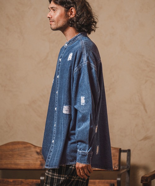 CAMBIO(カンビオ)の「ms5058-Band collar Damag Denim Shirts シャツ(シャツ/ブラウス・メンズ・ブラック/ライトインディゴブルー/ダークインディゴブルー・M/S/L)」の15枚目の写真