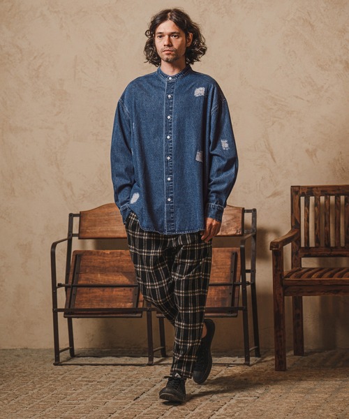 CAMBIO(カンビオ)の「ms5058-Band collar Damag Denim Shirts シャツ(シャツ/ブラウス・メンズ・ブラック/ライトインディゴブルー/ダークインディゴブルー・M/S/L)」の12枚目の写真