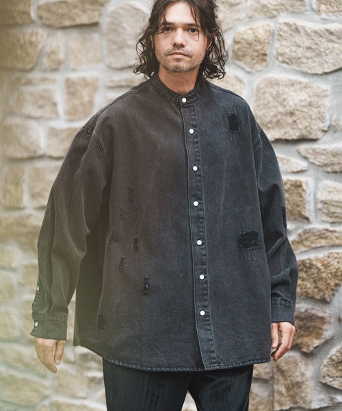 CAMBIO(カンビオ)の「ms5058-Band collar Damag Denim Shirts シャツ(シャツ/ブラウス・メンズ・ブラック/ライトインディゴブルー/ダークインディゴブルー・M/S/L)」の5枚目の写真