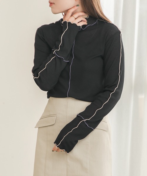 Bab（バブ）の「2WAY配色メロウハイネックトップス（Tシャツ/カットソー・レディース・ライトグレー/アイボリー/ブラック/ブラウン/イエロー/キャメル・FREE）」の14枚目の写真