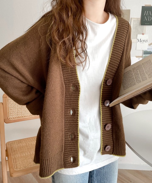 柔らかもち肌。パイピング配色オーバーニットカーディガン