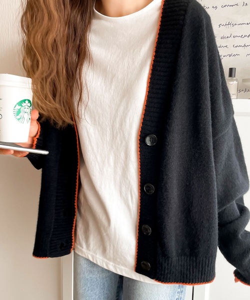 classicalelf（クラシカルエルフ）の「柔らかもち肌。パイピング配色オーバーニットカーディガン（カーディガン/ボレロ・レディース・ブラック/ベージュ/ブルーグリーン/グレー/ブラウン/アイボリー・SMALL/MEDIUM/LARGE/X-LARGE）」の11枚目の写真