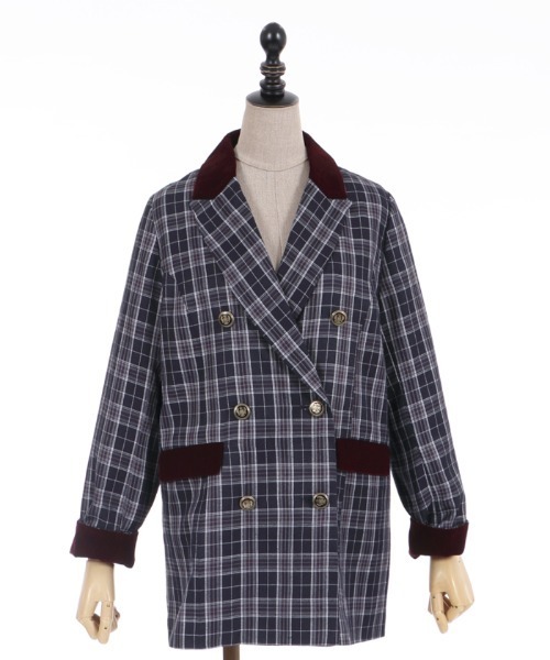 axes femme POETIQUE（アクシーズファムポエティック）の「チェック×別珍ロングジャケット（テーラードジャケット・レディース・ネイビー/ブラウン/グレー・MEDIUM）」の3枚目の写真