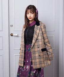 axes femme POETIQUE | チェック×別珍ロングジャケット(テーラードジャケット)