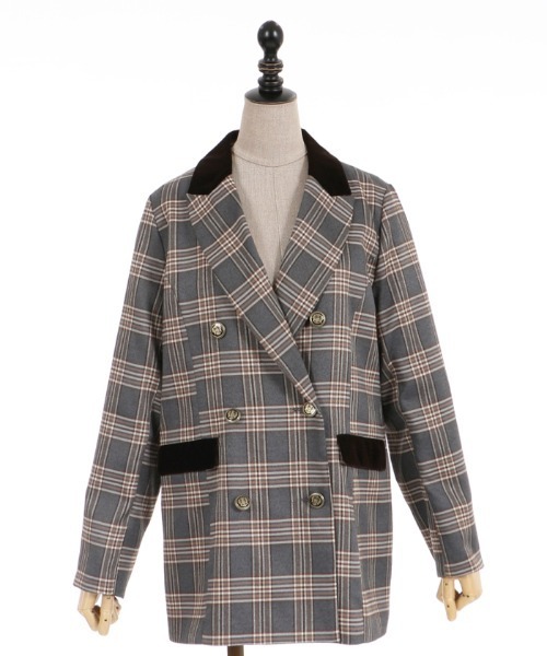 axes femme POETIQUE（アクシーズファムポエティック）の「チェック×別珍ロングジャケット（テーラードジャケット・レディース・ネイビー/ブラウン/グレー・MEDIUM）」の17枚目の写真
