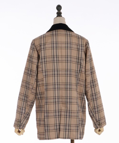 axes femme POETIQUE（アクシーズファムポエティック）の「チェック×別珍ロングジャケット（テーラードジャケット・レディース・ネイビー/ブラウン/グレー・MEDIUM）」の4枚目の写真