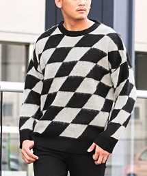 総柄モヘアタッチクルーネックニット