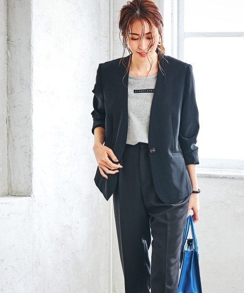 7days Life Styling(セブンデイズライフスタイリング)の「【UVカット】ストレッチダブルクロスノーカラージャケット (洗濯機OK)(ノーカラージャケット・レディース・ライトグレー/ブラック/モカ/ネイビー・S/L/LL/M)」の21枚目の写真