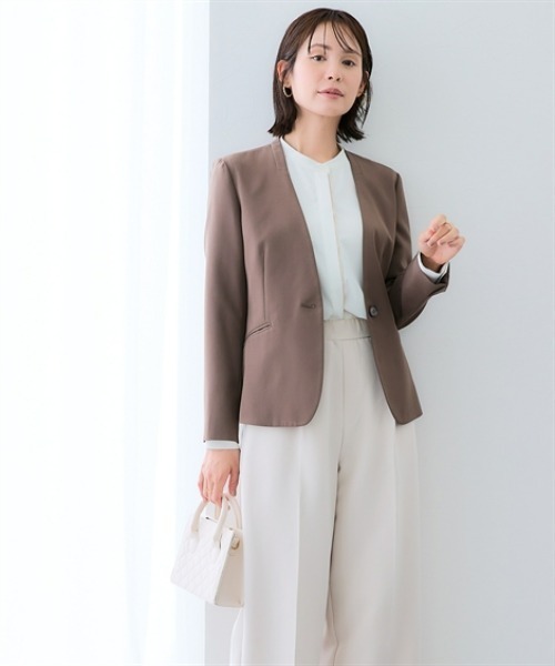7days Life Styling(セブンデイズライフスタイリング)の「【UVカット】ストレッチダブルクロスノーカラージャケット (洗濯機OK)(ノーカラージャケット・レディース・ライトグレー/ブラック/モカ/ネイビー・S/L/LL/M)」の8枚目の写真