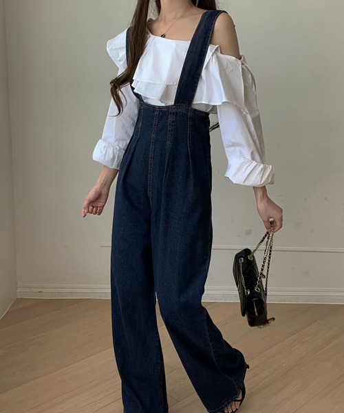 emi+（エミプラス）の「ウエストタックハイウエストデニムサロペット