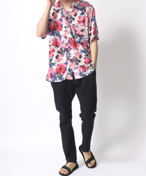 【PAZZO】パッゾ アロハシャツ バックパネル レーヨン オープンカラーシャツ PAZZO パッゾ 90s アロハシャツ 48 ブラック 花柄 オープン 開襟