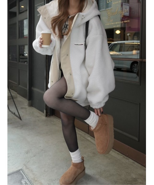 Java（ジャバ）の「《JaVaジャバコラボ》 レトロ スポーツで最旬コーデ。スタンド フード オーバーサイズ ボア アウター（ブルゾン・レディース・ブラック/ブルーグリーン/アイボリー/モカ・X-LARGE/LARGE/MEDIUM/SMALL）」の10枚目の写真