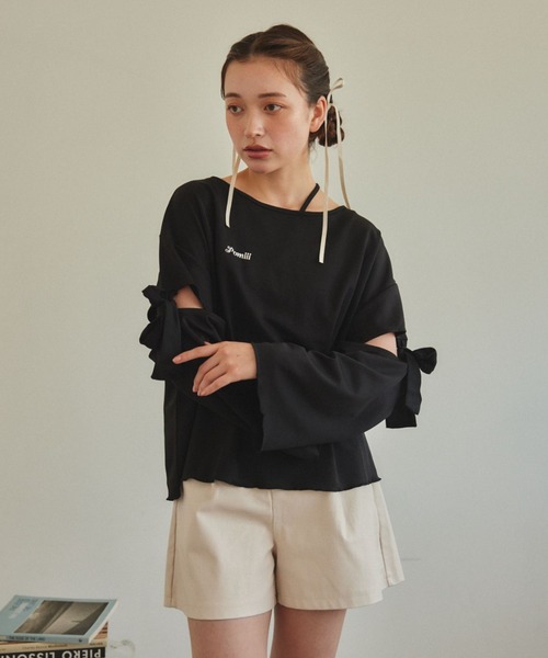 pomiii(ポミー)の「リボンショルダーロンT(Tシャツ/カットソー・レディース・グレイッシュベージュ/ブラック・FREE)」の21枚目の写真