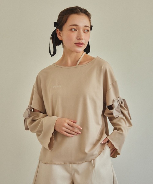 pomiii(ポミー)の「リボンショルダーロンT(Tシャツ/カットソー・レディース・グレイッシュベージュ/ブラック・FREE)」の9枚目の写真