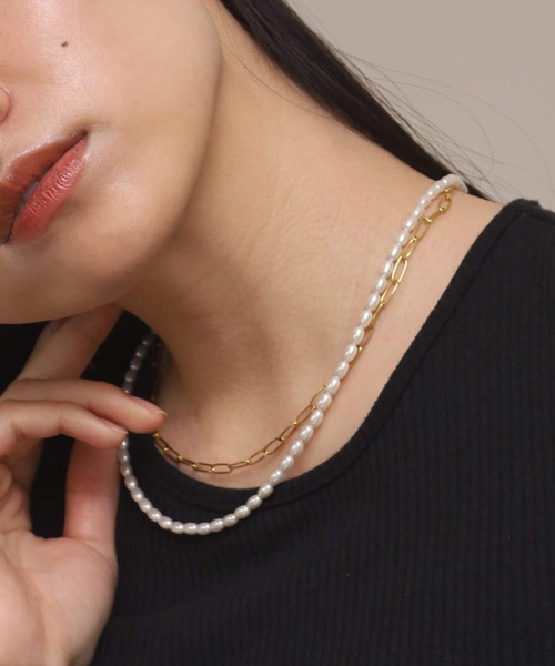 【韓国発】牛革2連パールチェーンネックレス LHME “MELLOW”バロックパール×チェーン2連ネックレス/サージカル