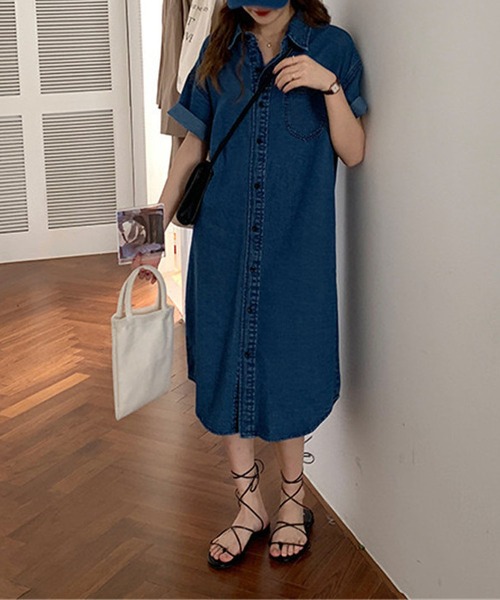 新品♡KP ライトデニムシャツワンピース　160 ニットプランナー ノーカラーデニムシャツワンピース｜ワンピース - Fashion Letter