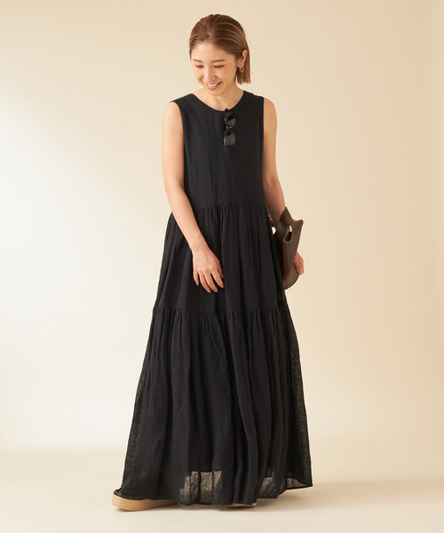 【美品】プラージュ リネンワンピースドレス マキシ丈 黒フリル 24年モデル 美品】プラージュ リネンワンピースドレス マキシ丈 黒フリル 24