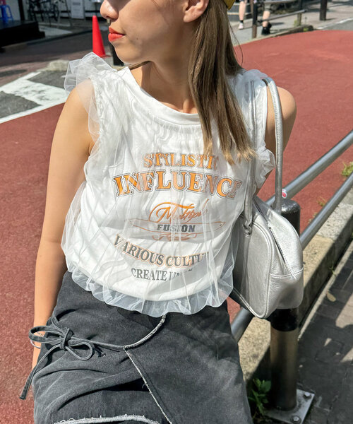 セール】チュールレイヤードノースリーブロゴTシャツ（Tシャツ