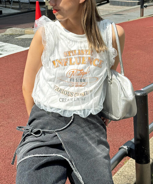 CIAOPANIC（チャオパニック）の「チュールレイヤードノースリーブロゴTシャツ（Tシャツ/カットソー・レディース・ブラック/オフホワイト/レッド・FREE）」の21枚目の写真