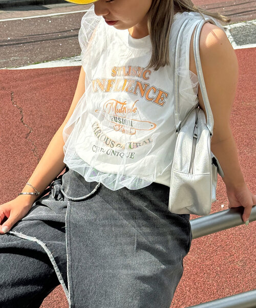CIAOPANIC（チャオパニック）の「チュールレイヤードノースリーブロゴTシャツ（Tシャツ/カットソー・レディース・ブラック/オフホワイト/レッド・FREE）」の20枚目の写真