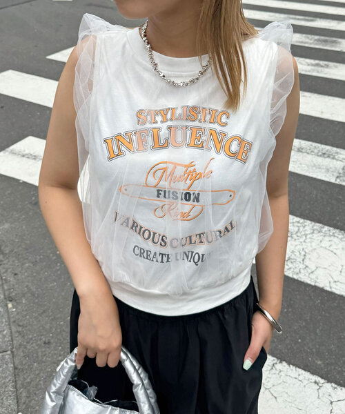 CIAOPANIC（チャオパニック）の「チュールレイヤードノースリーブロゴTシャツ（Tシャツ/カットソー・レディース・ブラック/オフホワイト/レッド・FREE）」の16枚目の写真