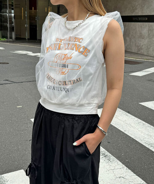 CIAOPANIC（チャオパニック）の「チュールレイヤードノースリーブロゴTシャツ（Tシャツ/カットソー・レディース・ブラック/オフホワイト/レッド・FREE）」の15枚目の写真