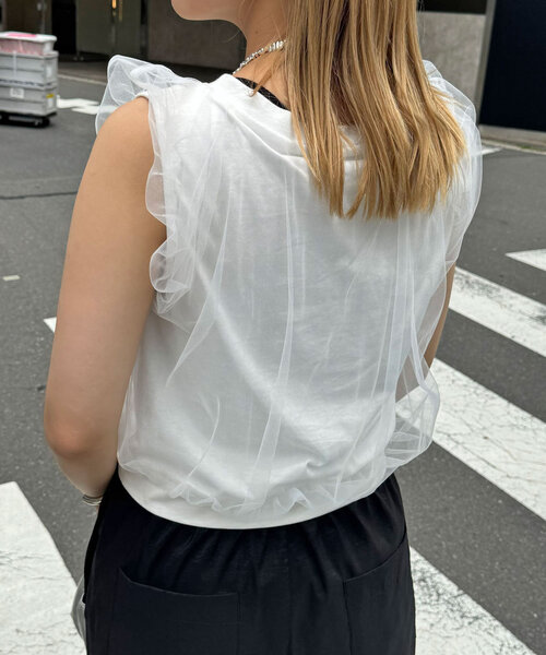 CIAOPANIC（チャオパニック）の「チュールレイヤードノースリーブロゴTシャツ（Tシャツ/カットソー・レディース・ブラック/オフホワイト/レッド・FREE）」の14枚目の写真
