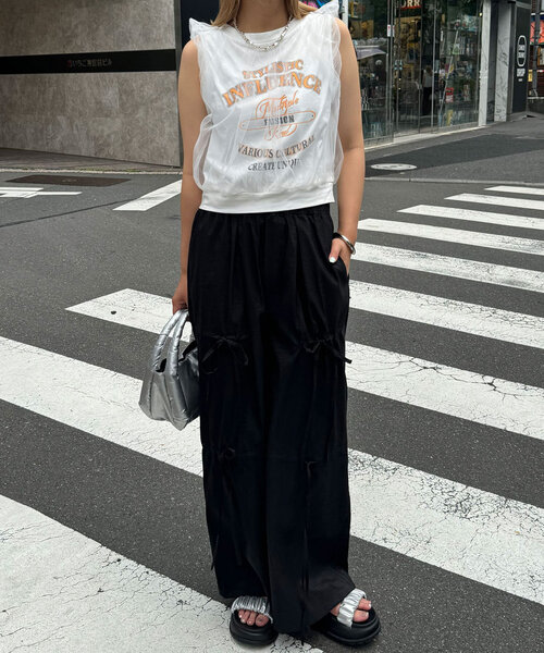 CIAOPANIC（チャオパニック）の「チュールレイヤードノースリーブロゴTシャツ（Tシャツ/カットソー・レディース・ブラック/オフホワイト/レッド・FREE）」の13枚目の写真