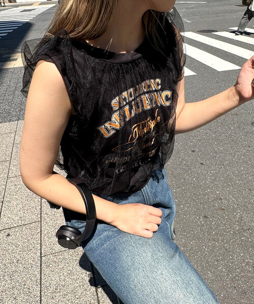 CIAOPANIC（チャオパニック）の「チュールレイヤードノースリーブロゴTシャツ（Tシャツ/カットソー・レディース・ブラック/オフホワイト/レッド・FREE）」の10枚目の写真