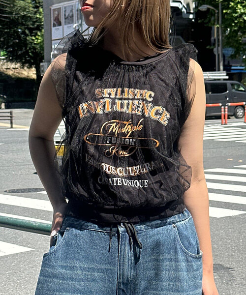CIAOPANIC（チャオパニック）の「チュールレイヤードノースリーブロゴTシャツ（Tシャツ/カットソー・レディース・ブラック/オフホワイト/レッド・FREE）」の8枚目の写真