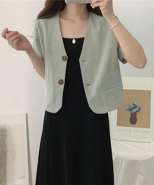 ECLIN（エクラン）の「麻ライク半袖ノーカラージャケット（ノーカラージャケット・レディース・カーキ/ブラック/ベージュ/ホワイト・M/L/XL）」の4枚目の写真