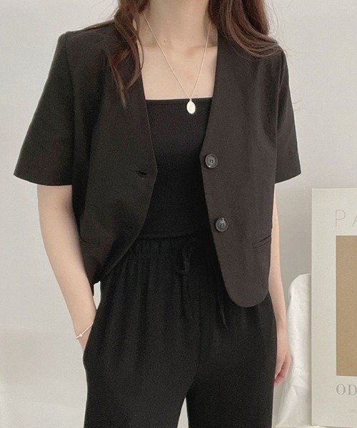 ECLIN（エクラン）の「麻ライク半袖ノーカラージャケット（ノーカラージャケット・レディース・カーキ/ブラック/ベージュ/ホワイト・M/L/XL）」の2枚目の写真