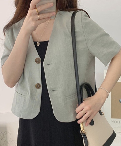 ECLIN（エクラン）の「麻ライク半袖ノーカラージャケット（ノーカラージャケット・レディース・カーキ/ブラック/ベージュ/ホワイト・M/L/XL）」の19枚目の写真