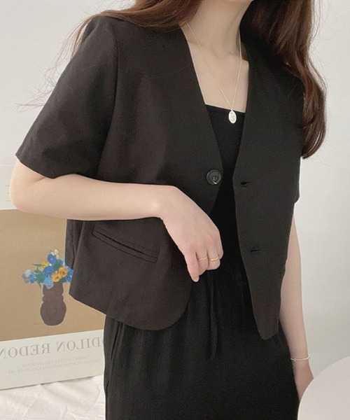 ECLIN（エクラン）の「麻ライク半袖ノーカラージャケット（ノーカラージャケット・レディース・カーキ/ブラック/ベージュ/ホワイト・M/L/XL）」の8枚目の写真