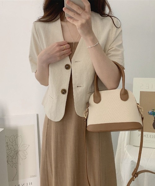 ECLIN（エクラン）の「麻ライク半袖ノーカラージャケット（ノーカラージャケット・レディース・カーキ/ブラック/ベージュ/ホワイト・M/L/XL）」の17枚目の写真